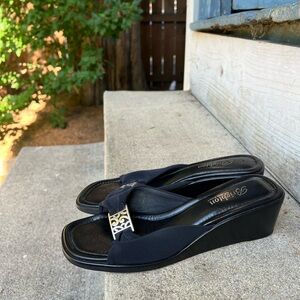 Brighton Bow Wedge Sandal Slide Black Stacked Heel Silver Jewel Isabel 7.5 Italy